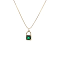 Macro shot of gold lock pendant with micro-pave emerald green gemstone on a box chain - Lock 9 Green-Emerald Lock