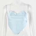 Detail showing light blue silk satin halter top with heart-shaped neckline and triangle hem - S / Blue