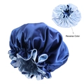 Detailed view of double-layered satin bonnet showing reversible navy and light blue colors - One Size / Sapphire Blue