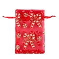 Red organza Christmas drawstring bag with golden candy cane pattern for gift wrapping - Christmas Candy Cane