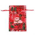 Red Christmas organza gift bag featuring gold glitter snowmen and drawstring closure - Red Santa Claus