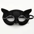 Black velvet cat cosplay mask with sparkling white rhinestones and elastic headband - Black Cat Rhinestone Composite Mask