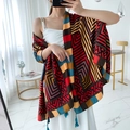Ethnic cotton linen scarf with red and blue geometric patterns and fringed edges - 180cm / Multicolor Geometric Tassel Modern Style (L266)