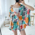 Ethnic style cotton linen beach shawl with tropical leaf prints and tassels - 180cm / Tropical Leaf Print Tassel Style (L268)