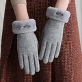Women's warm gray fleece gloves with faux fur cuff and wool blend texture - 0302 Grey