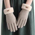 Beige knitted gloves with plush faux fur cuffs and a vintage stitched design for winter - 0302 Khaki