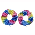 Pair of rainbow laser gradient scrunchies with shiny metallic finish on white background - Rainbow