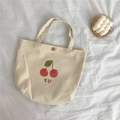 Beige Canvas-Tragetasche mit Kirschdruck und Metalldruckknopf für den täglichen Gebrauch - Beige Kirsche