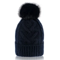 Navy blue cable knit beanie hat with a fluffy black faux fur pompom on top - One Size / Navy Blue