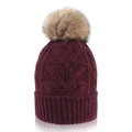 Burgundy winter knit beanie with thick cable patterns and a brown faux fur pom pom - One Size / Brown