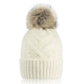 Winter knitted beanie in creamy white with a soft beige faux fur pompom detail - One Size / White