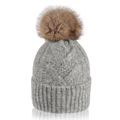 Winter knitted beanie with large brown pompom in light gray cable knit pattern - One Size / Gray