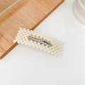 Rectangle pearl hair clip with polished artificial pearls and silver metal base - Hollow Square