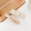Elegant white pearl hair clip set with gold alloy base on a minimalist wooden tray - Music 2-Piece Set
