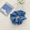 Blue scrunchie with white polka dots made of satin fabric for women's hair styling - White Polka Dot