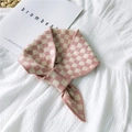 Pink and beige checkerboard knit scarf with stylish tuck-in design for women - Knitted Socket Plaid Pink