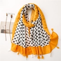 Lightweight cotton linen long scarf in yellow and white with heart pattern and tassels - Yellow Black Heart Print Tassel