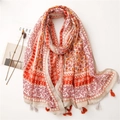 Ethnic floral cotton linen shawl with tassels in red and beige, flat lay style - Pink Orange Ethnic Print Tassel