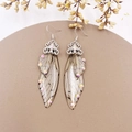S925 silver wing earrings with translucent cicada patterns and colorful rhinestones - Brown Rhinestone-Silver