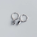 Minimalist 925 silver hoop earrings featuring rectangular black zircon stone drops - White Gold Plated (Black Zirconia)