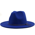 Detailed view of dark blue wool fedora hat with brown leather band accessory - M (56-58cm) / Blue