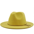 Macro detail of ginger wool fedora hat with a slim brown leather decorative band - M (56-58cm) / Yellow