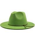 Classic grass green wool felt fedora hat with brown leather band for women and men - M (56-58cm) / Green