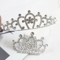 Detail view of silver rhinestone tiaras featuring a headband style and a mini hair comb design - Plum Flower Set (Headband & Comb)