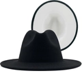 Classic black wool fedora with white contrast brim and structured flat wide edge style - M(56-58cm) / Black (White Bottom Contrast)