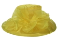 Macro view of bright yellow organza sun hat with oversized pleated floral ornament - M (56-60cm) / Yellow