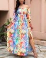 Detail van bohemien jurk met bloemenprint, hoge zijsplit en elastische tailleband - S / Lichtblauw