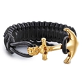 Braided black leather bracelet with golden nautical anchor clasp and skull detail - Black Woven Gold Anchor Skeleton Style (KB61987-BD)