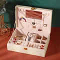 Elegant multi-layer cream PU leather jewelry storage box with mirror and compartments - 815 Four-leaf Clover Beige