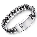 Bracciale da uomo in pelle nera intrecciata con perle d'acciaio argento e chiusura in metallo - Stile Patchwork Intrecciato (KB68866-BD)