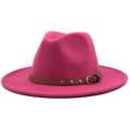Detail of magenta wool fedora hat with brown leather belt and gold rivet accents - Rose Red