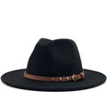 Classic black wool felt fedora with a brown leather studded band on white background - Black