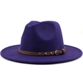 Detail of dark purple wool fedora hat with brown leather band and gold rivet accents - Purple