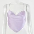 Detailed view of purple satin crop top with delicate spaghetti straps and cowl neckline - L / Purple