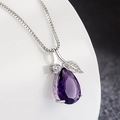 Silver leaf necklace with purple water drop pendant and fine crystals for women - Purple Water Drop Pendant