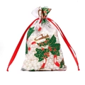 White Christmas organza gift bag with holly pattern and decorative white pearls - Christmas Bell