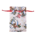White organza Christmas gift bag with gold snowman sequins and red drawstring - White Christmas Snowman