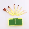7pcs portable makeup brush set with yellow handles and green travel storage case - Yellow