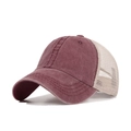 Burgundy washed cotton mesh trucker hat with breathable beige netting and adjustable strap - Adjustable / Burgundy