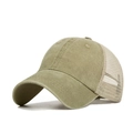 Breathable olive green and beige mesh trucker hat with adjustable cotton back strap - Adjustable / Khaki