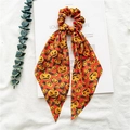 Detail of Halloween hair scrunchie with pumpkin print on red and black plaid satin fabric - 6# Orange Pumpkin