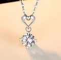 Elegant silver necklace with heart-shaped bail and brilliant round moissanite pendant - Q008 Heart Bail 1ct