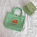 Detail der mintgrünen Canvas-Lunchtasche mit Orangen-Print und Metalldruckknopf - Mintgrün Orange