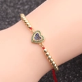 Golden bead heart bracelet with colorful crystals and red adjustable woven string - Red Rope Copper Beads + Heart Style 2