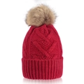 Winter knitted beanie in vibrant red with a fluffy light brown faux fur pom-pom topper - One Size / Red