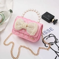 Borsa a tracolla rosa glitterata per bambine con fiocco di perle e manico elegante - Rosa Orizzontale